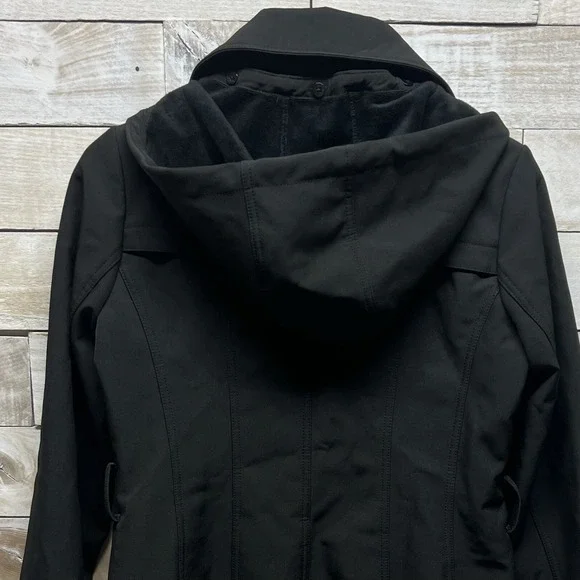 Michael Kors Trench Coat Womens Small Black Hooded Full Zip MK Logo Lined - Picture 8 of 15